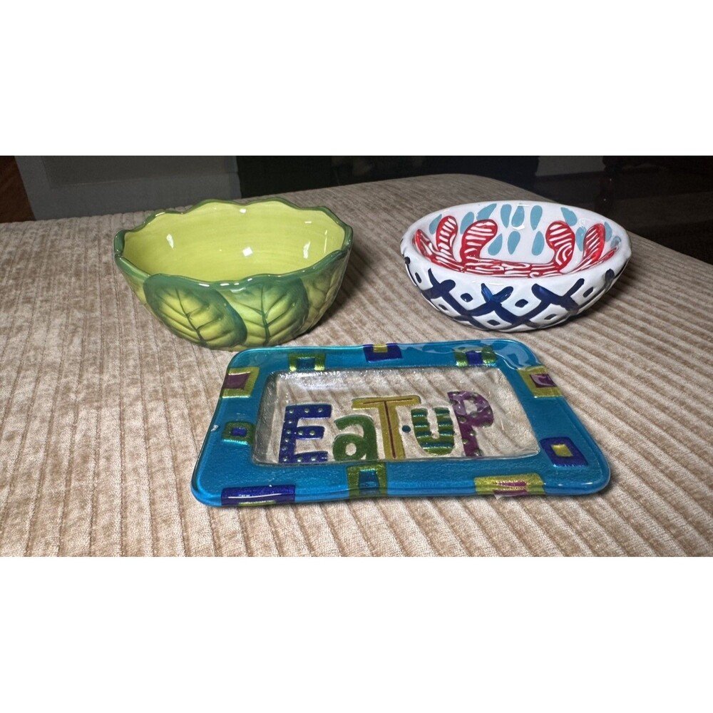 Set of 3 Colorful Appetizer Snack Dip Bowls Glass & Ceramic Crab Easter Party